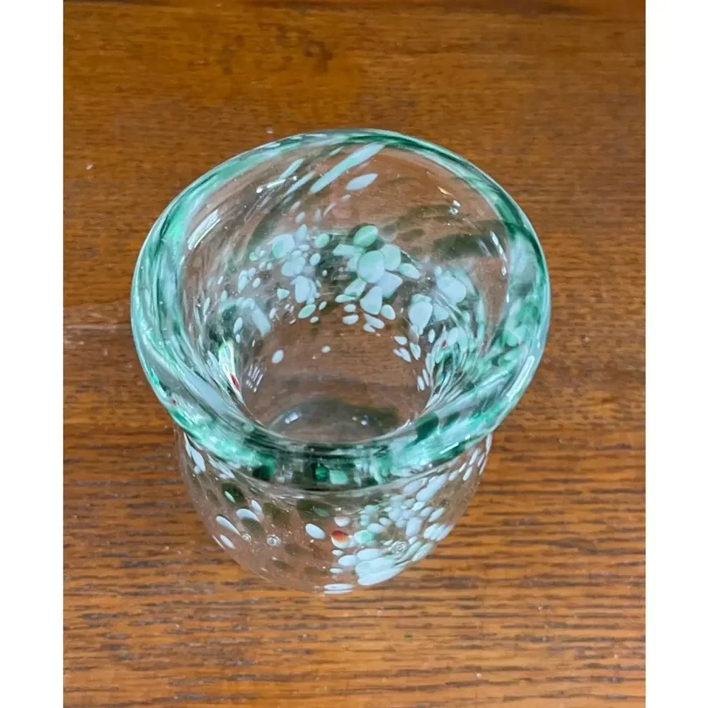 Art Glass Hand Blown Heavy Glass Vase Green & White Swirl 4